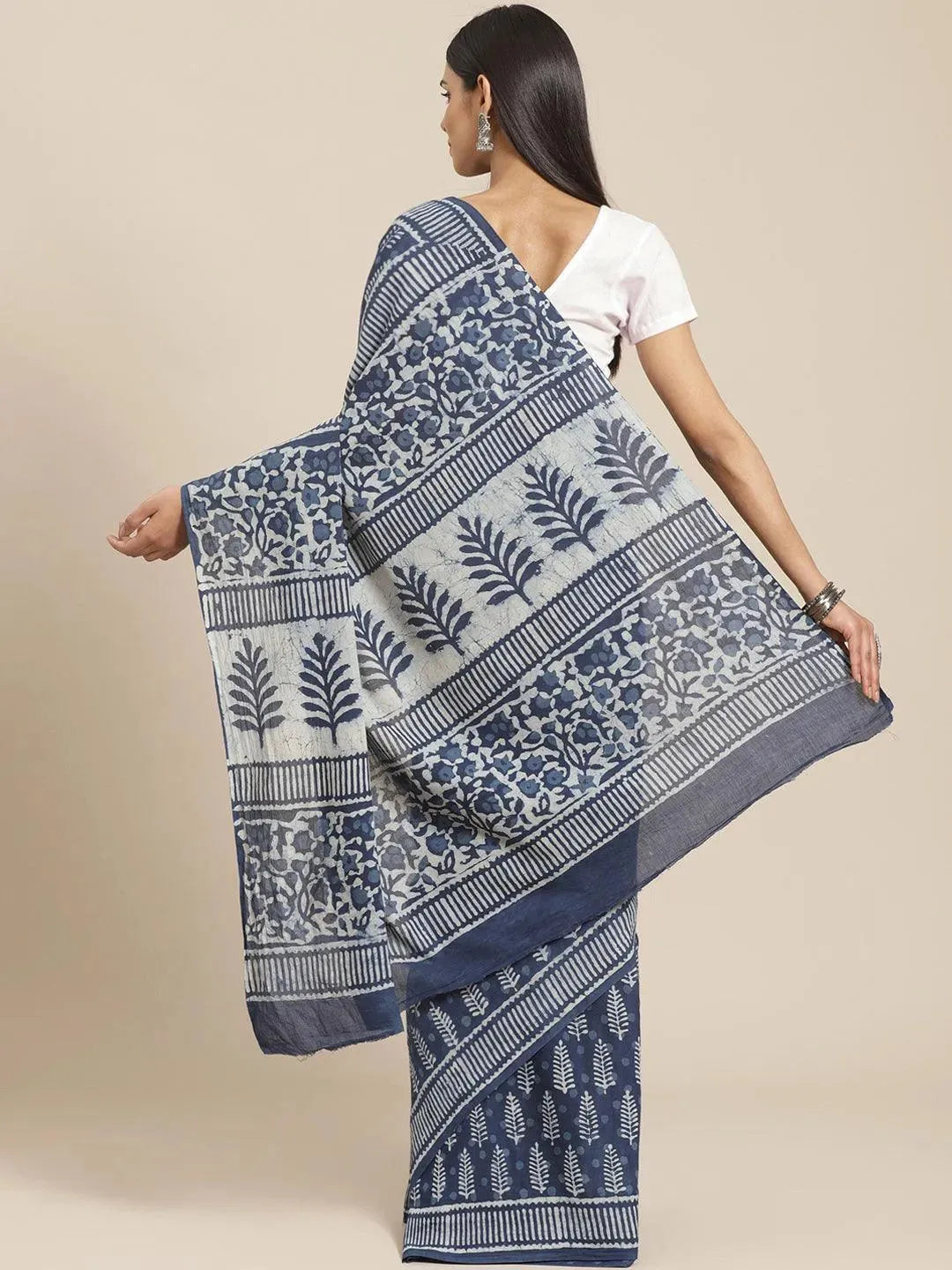 Blue Printed Cotton Saree - Libas 