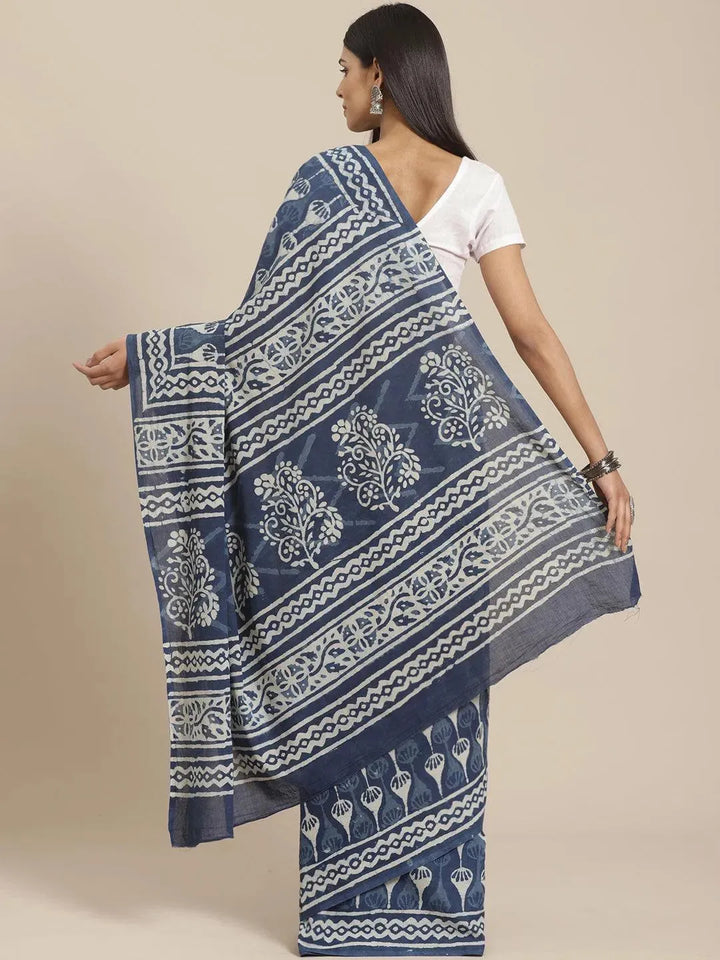 Blue Printed Cotton Saree - Libas