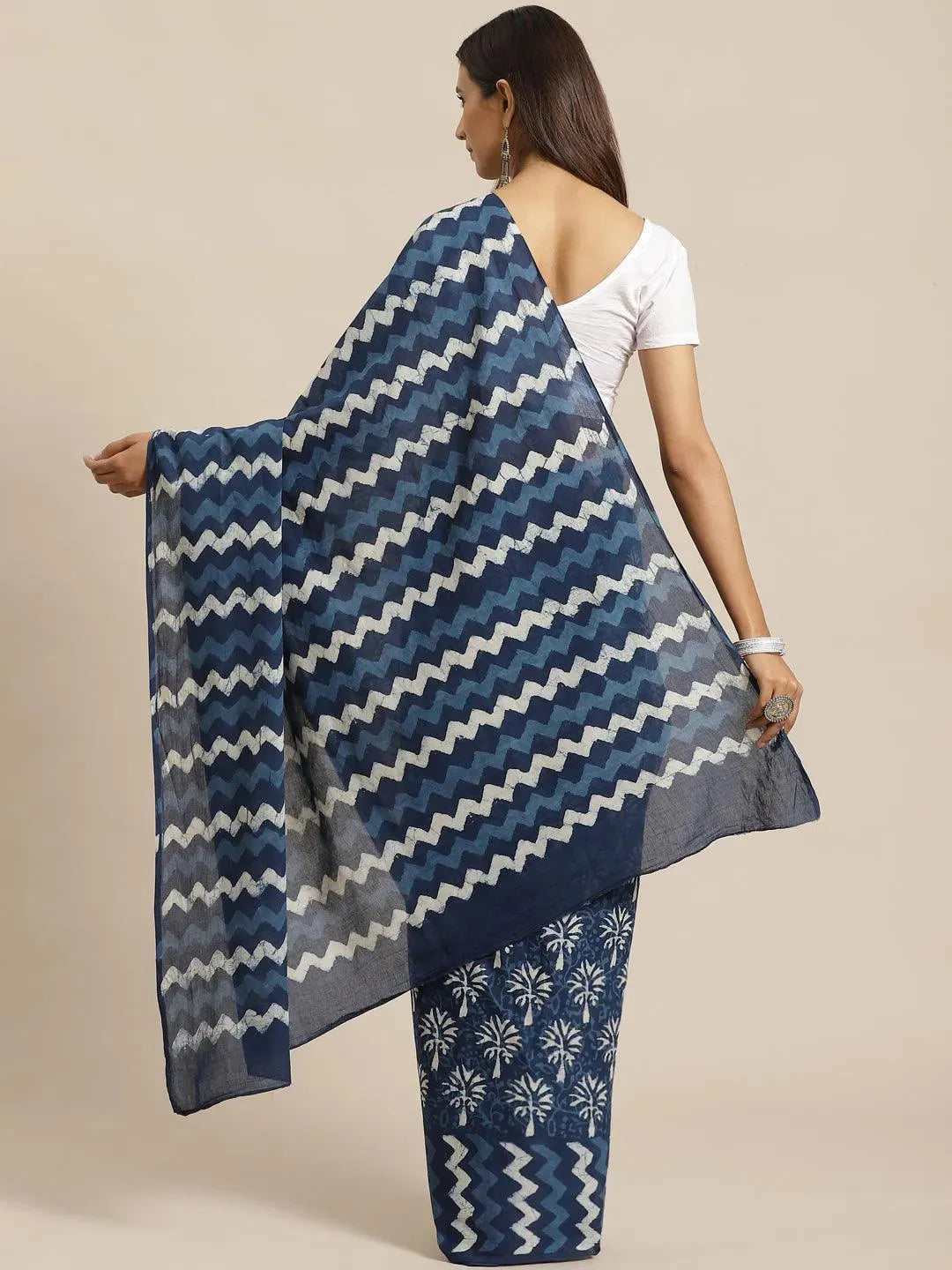 Blue Printed Cotton Saree - Libas
