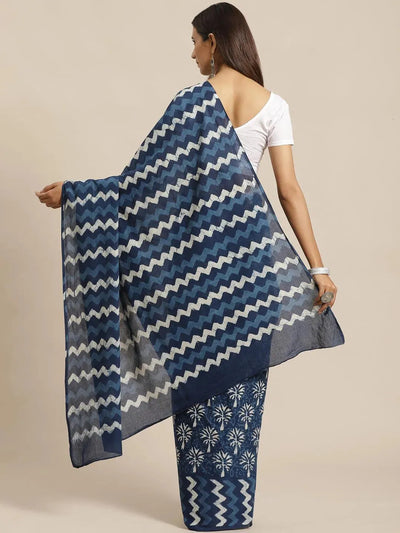 Blue Printed Cotton Saree - Libas
