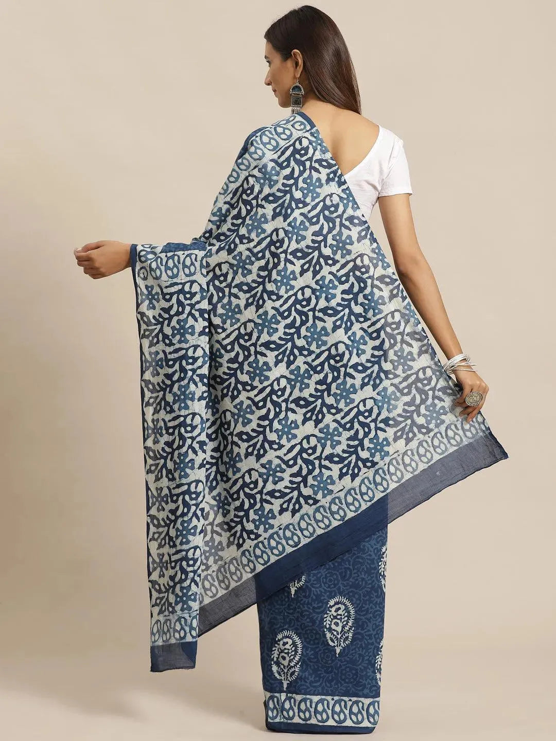 Blue Printed Cotton Saree - Libas 
