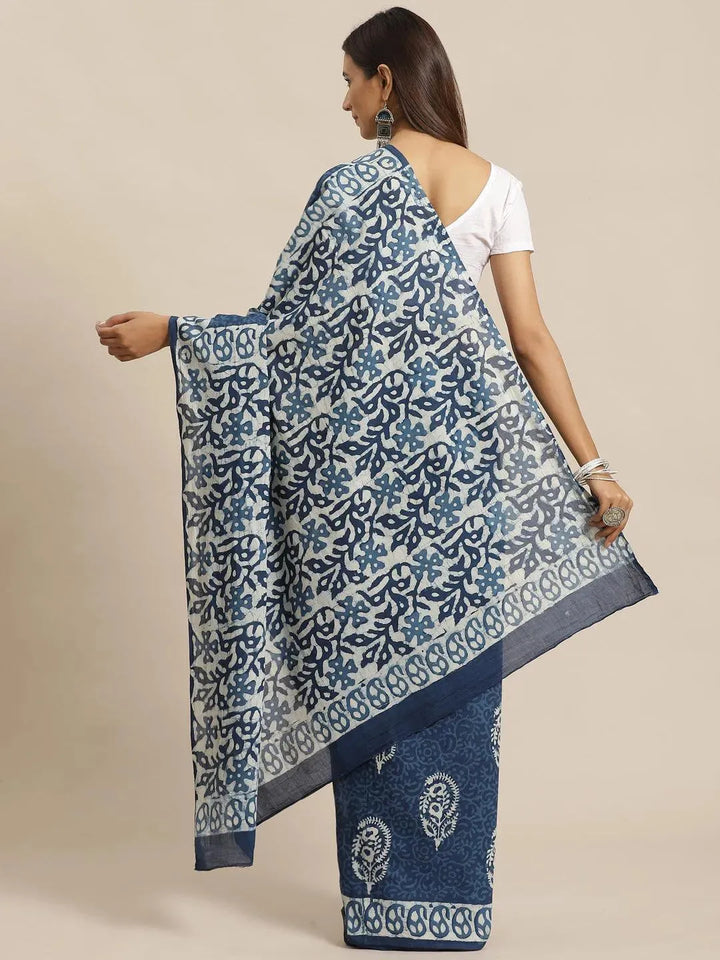 Blue Printed Cotton Saree - Libas