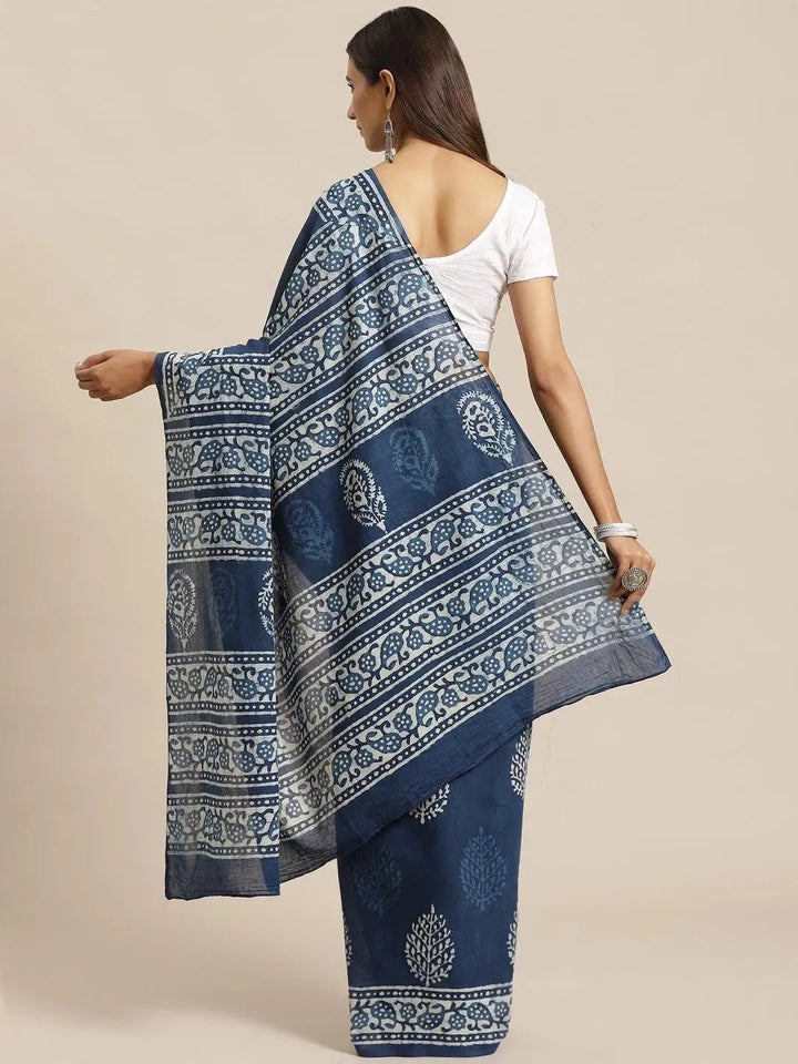 Blue Printed Cotton Saree - Libas