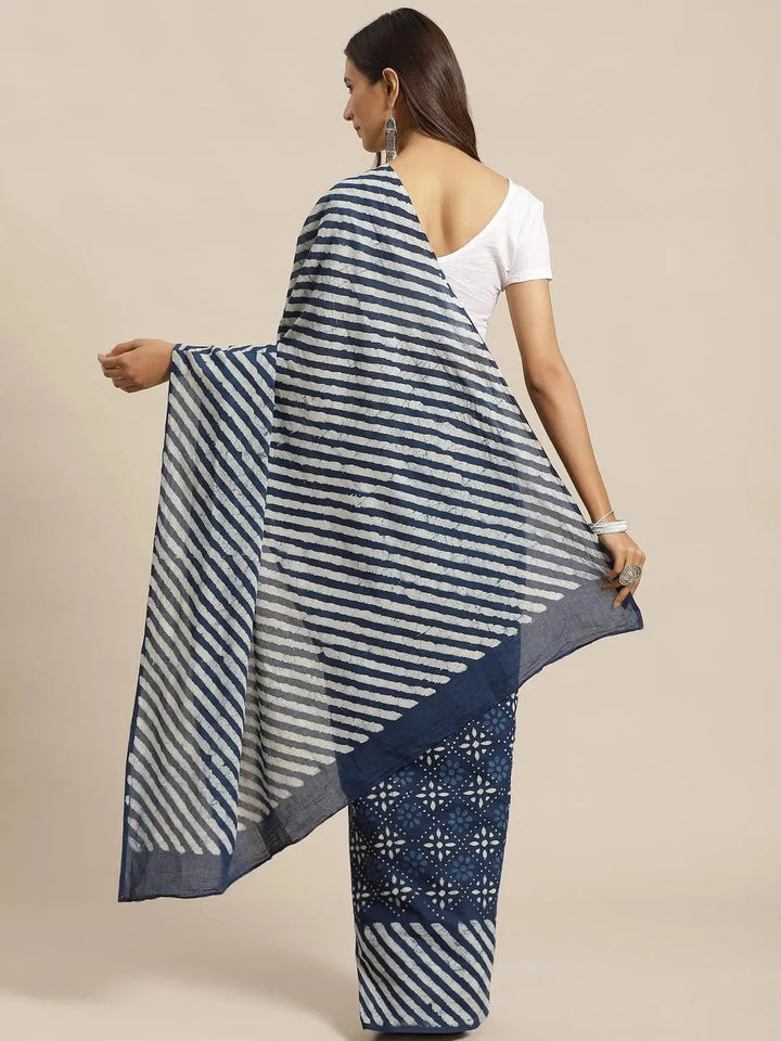 Blue Printed Cotton Saree - Libas