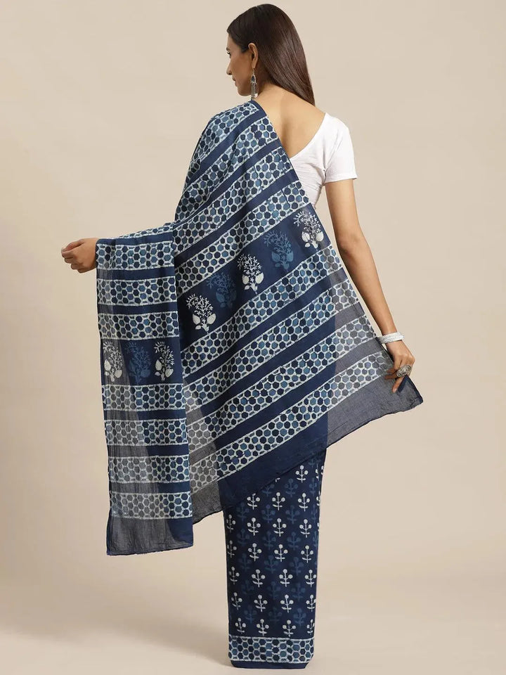 Blue Printed Cotton Saree - Libas