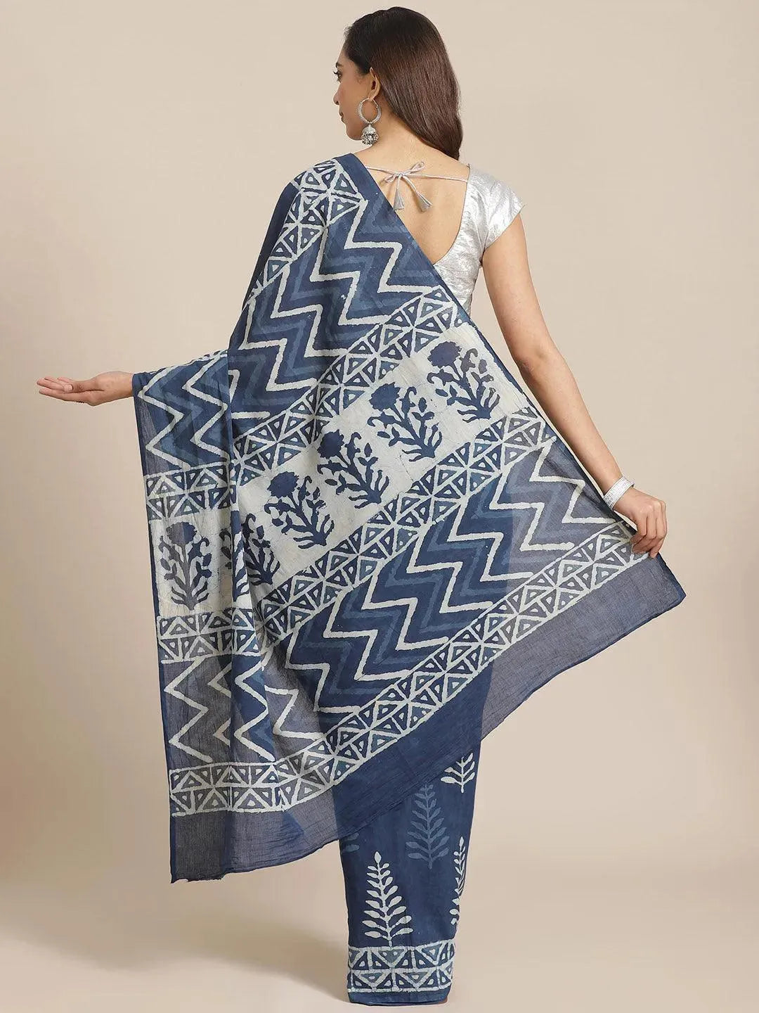 Blue Printed Cotton Saree - Libas