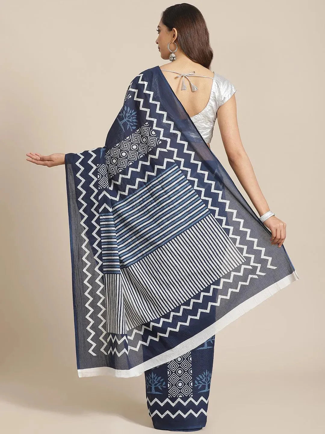 Blue Printed Cotton Saree - Libas 