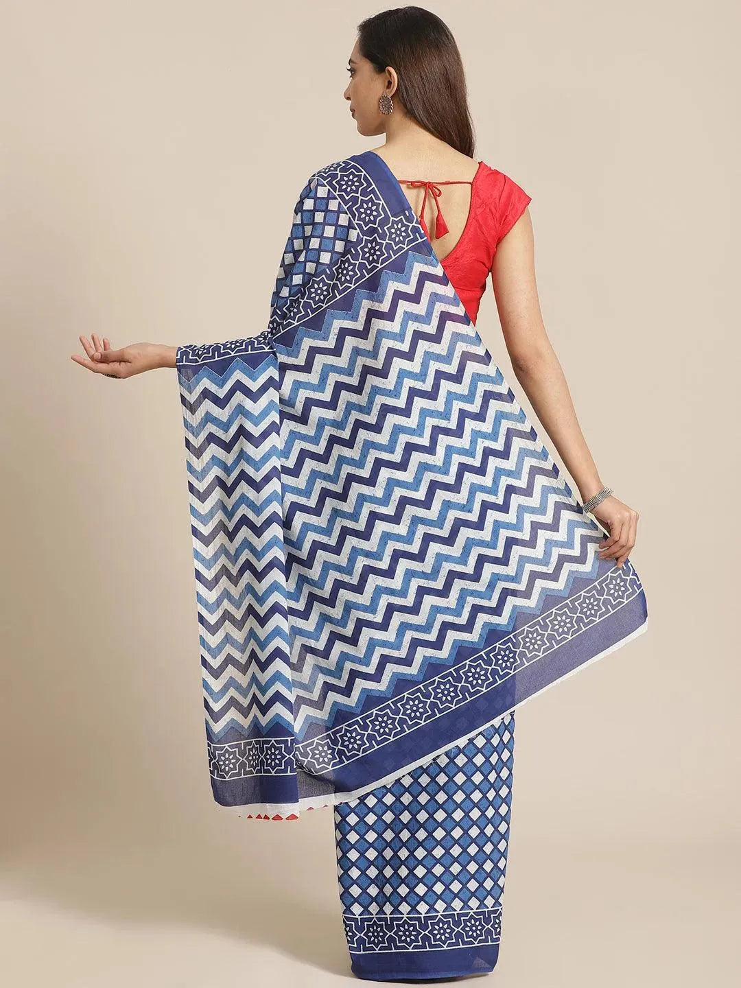 Blue Printed Cotton Saree - Libas