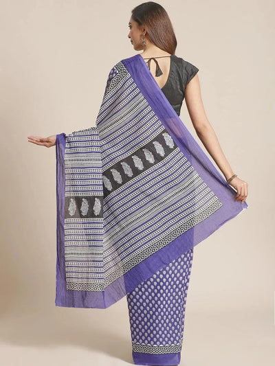 Blue Printed Cotton Saree - Libas