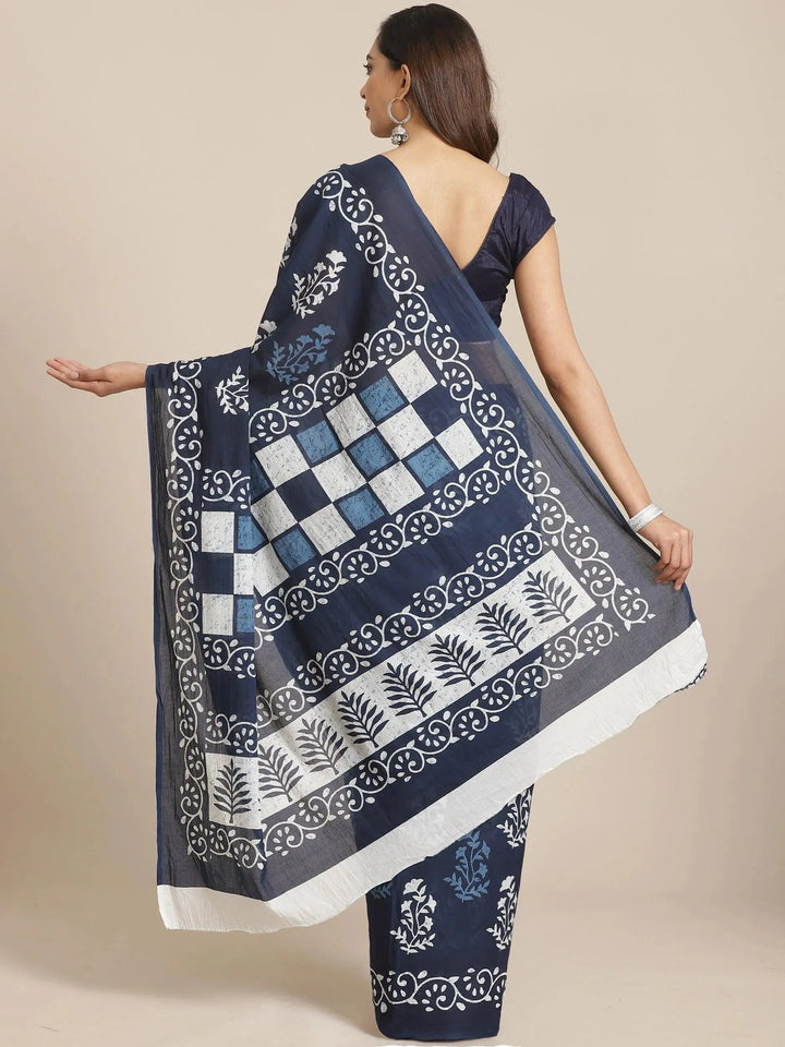 Blue Printed Cotton Saree - Libas