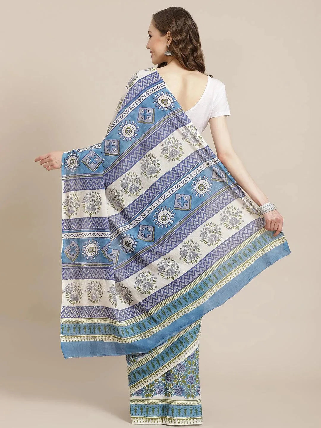 Blue Printed Cotton Saree - Libas 