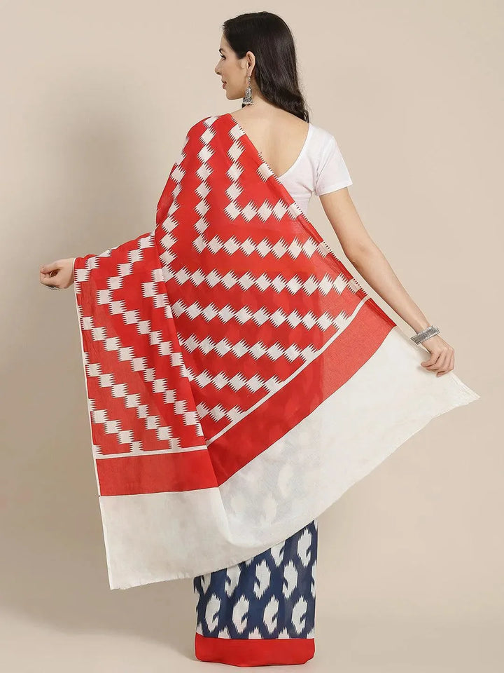 Blue Printed Cotton Saree - Libas