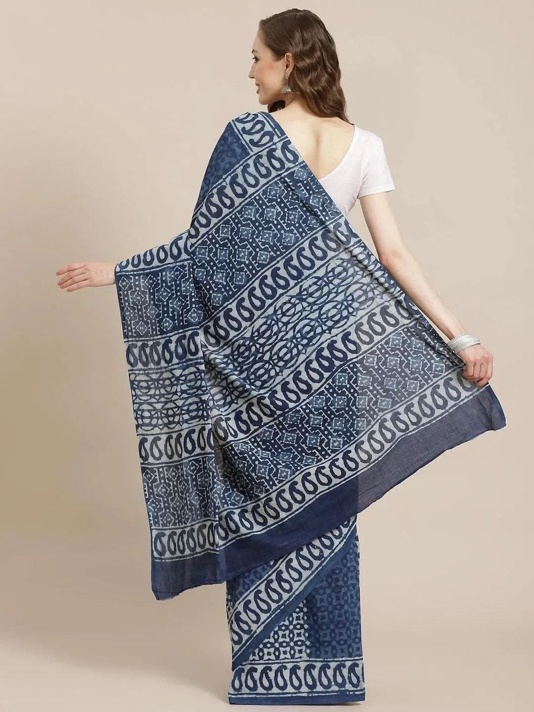 

Buy Blue Printed Cotton Saree - 14584 | Libas Ethnic Wear Online