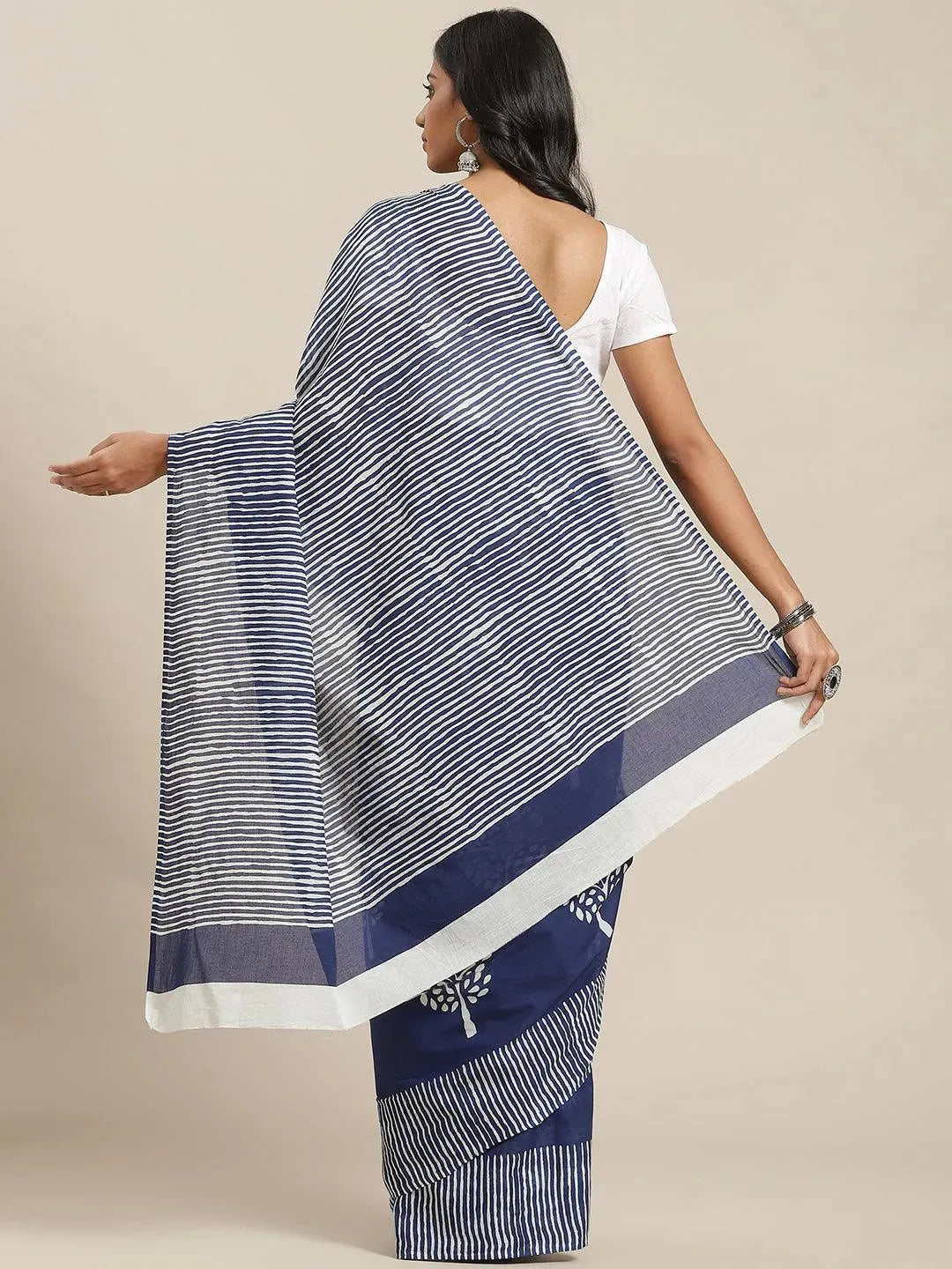 Blue Printed Cotton Saree - Libas