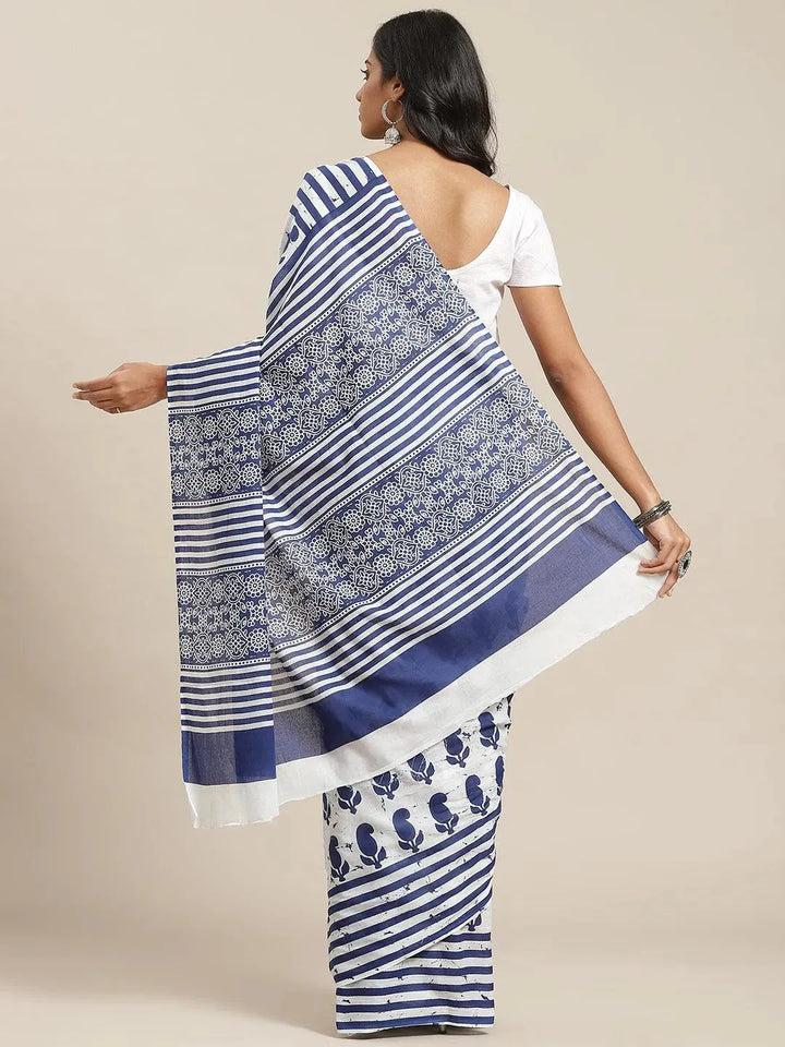 Blue Printed Cotton Saree - Libas