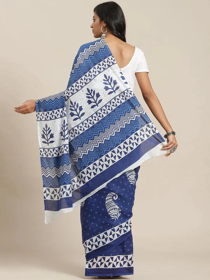 Blue Printed Cotton Saree - Libas