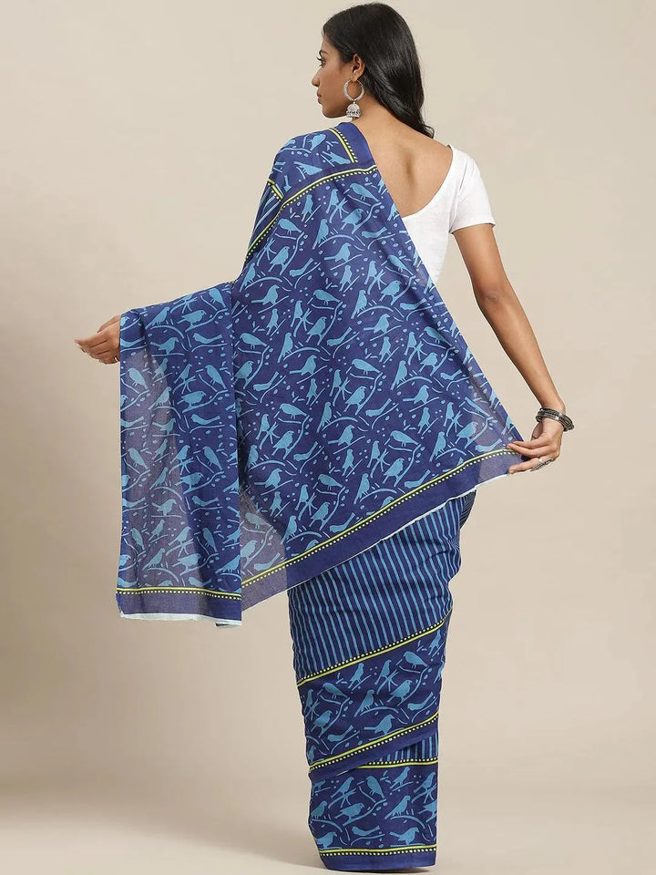 Blue Printed Cotton Saree - Libas