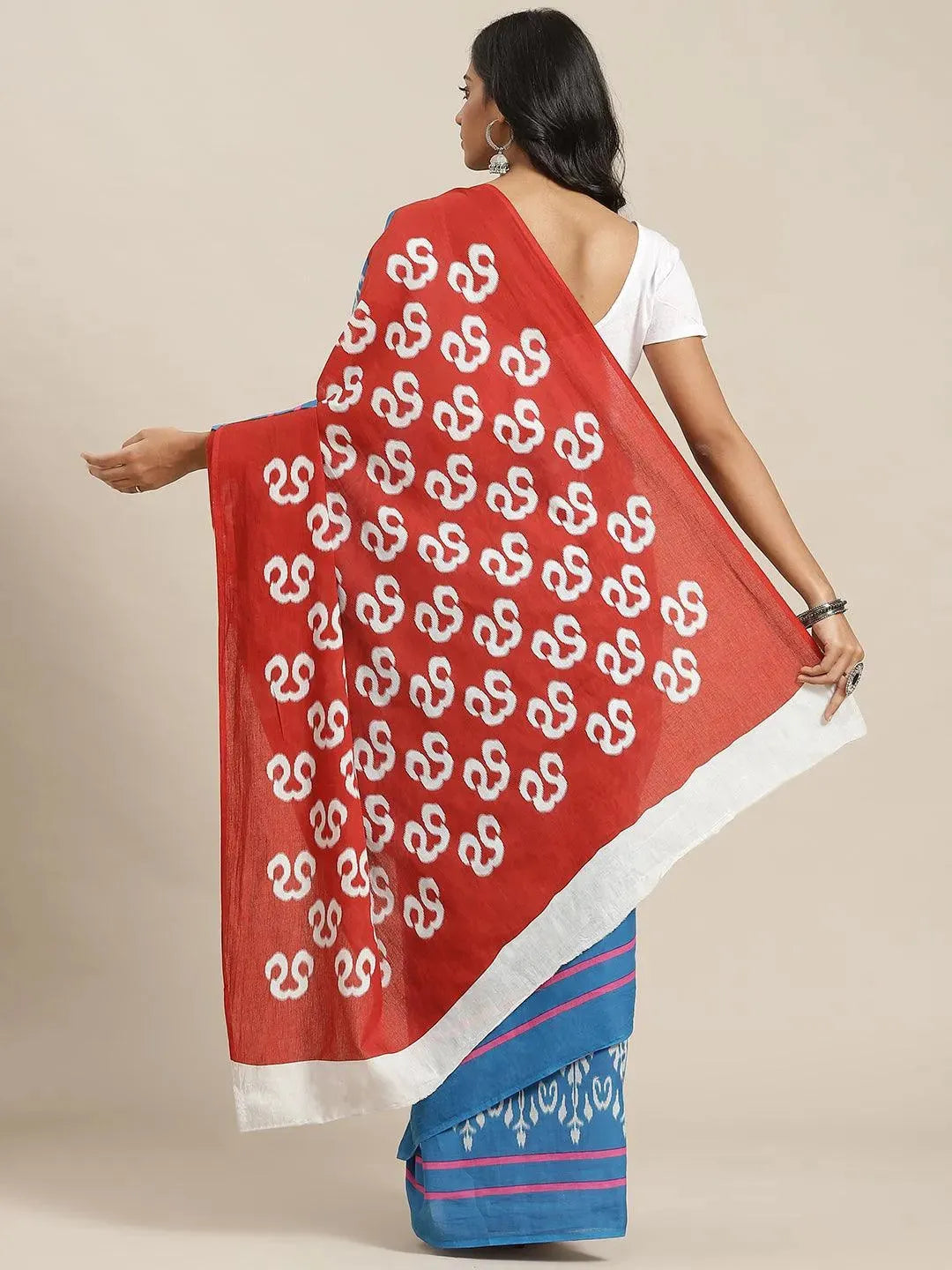 Blue Printed Cotton Saree - Libas