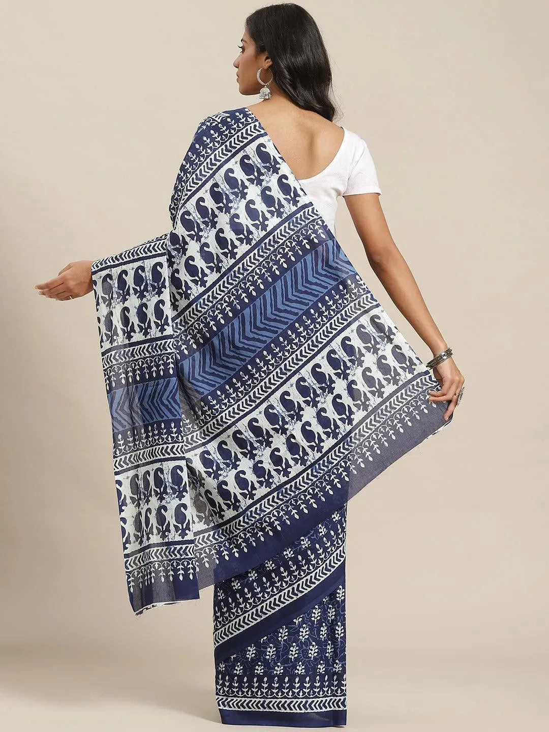 Blue Printed Cotton Saree - Libas 