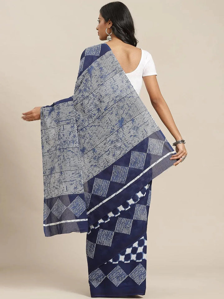 Blue Printed Cotton Saree - Libas