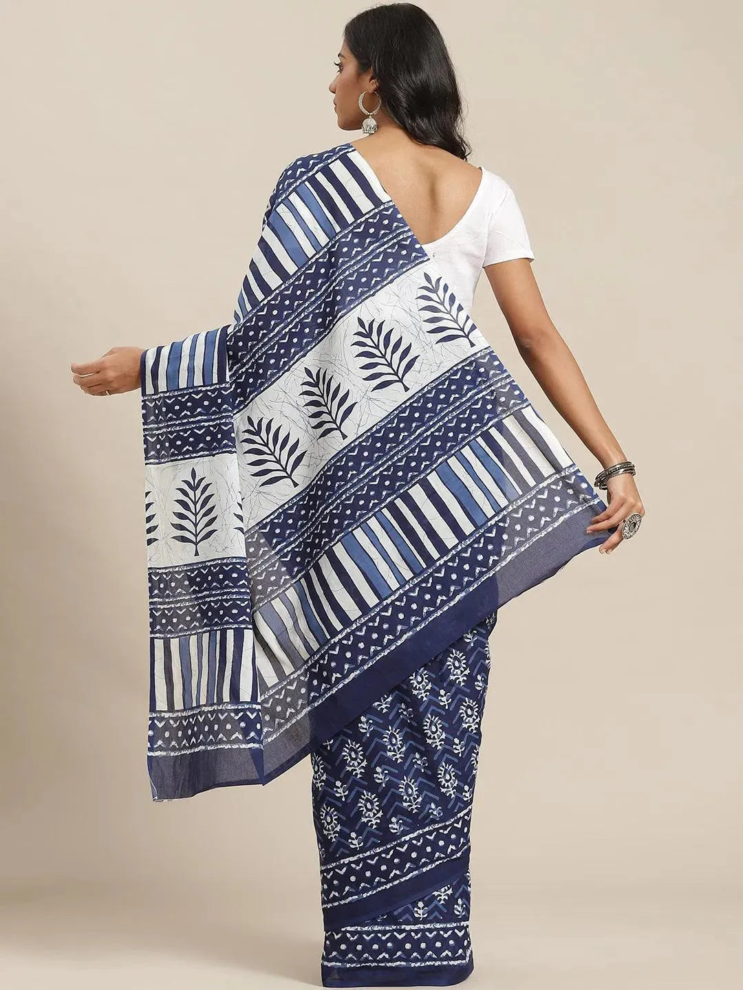 Blue Printed Cotton Saree - Libas