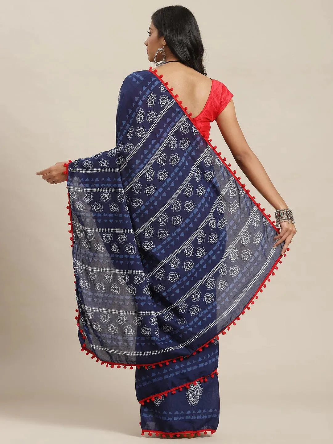 Blue Printed Cotton Saree - Libas