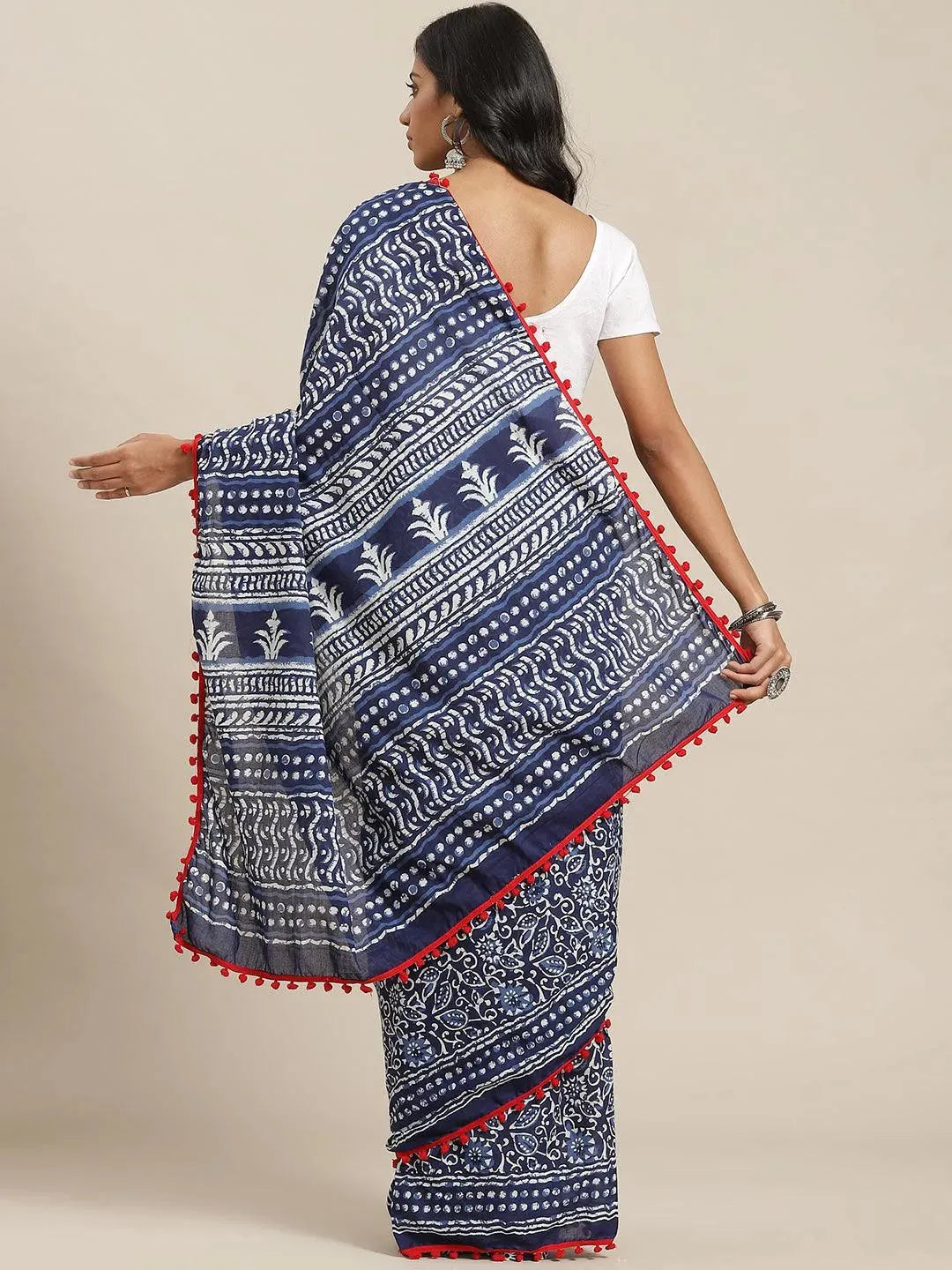 Blue Printed Cotton Saree - Libas 