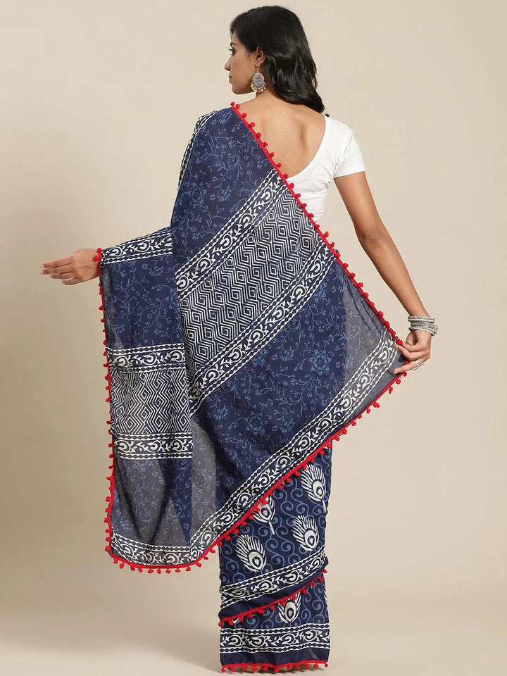 Blue Printed Cotton Saree - Libas