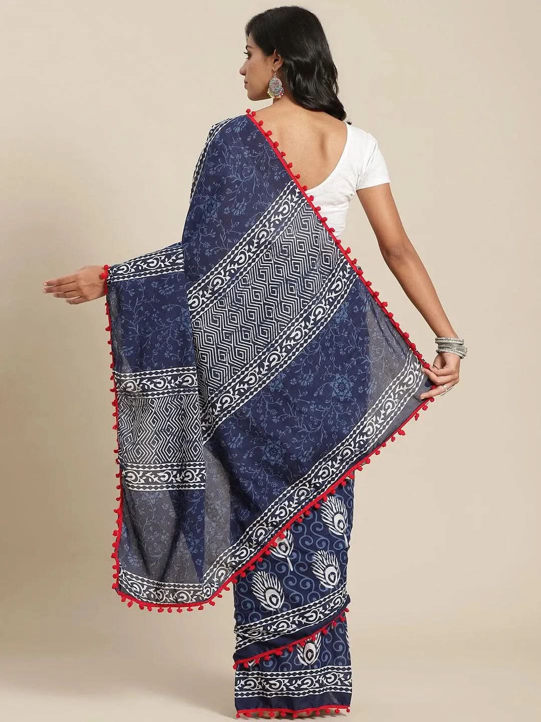 

Buy Blue Printed Cotton Saree - 14723 | Libas Ethnic Wear Online