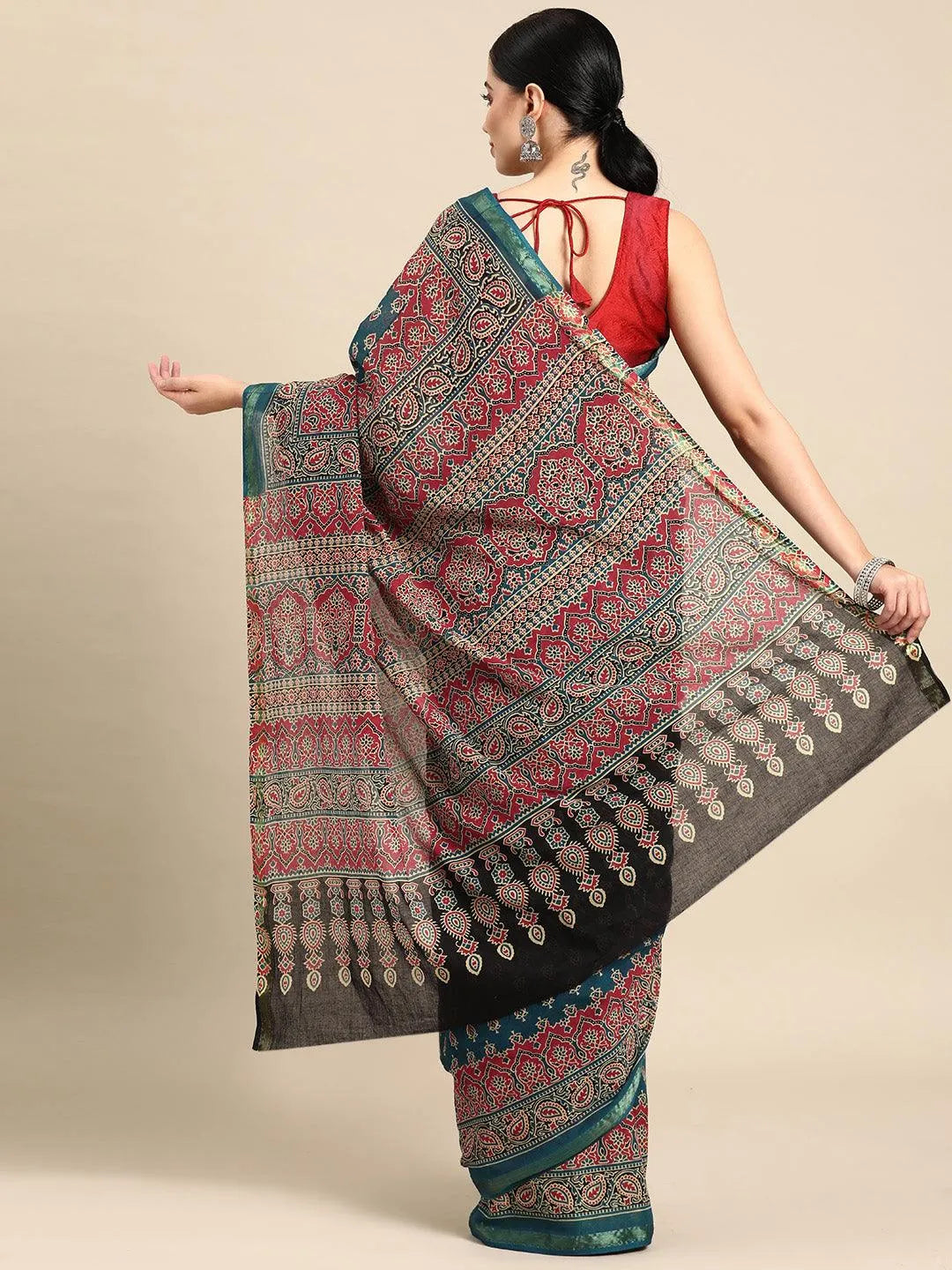 Blue Printed Cotton Saree - Libas 