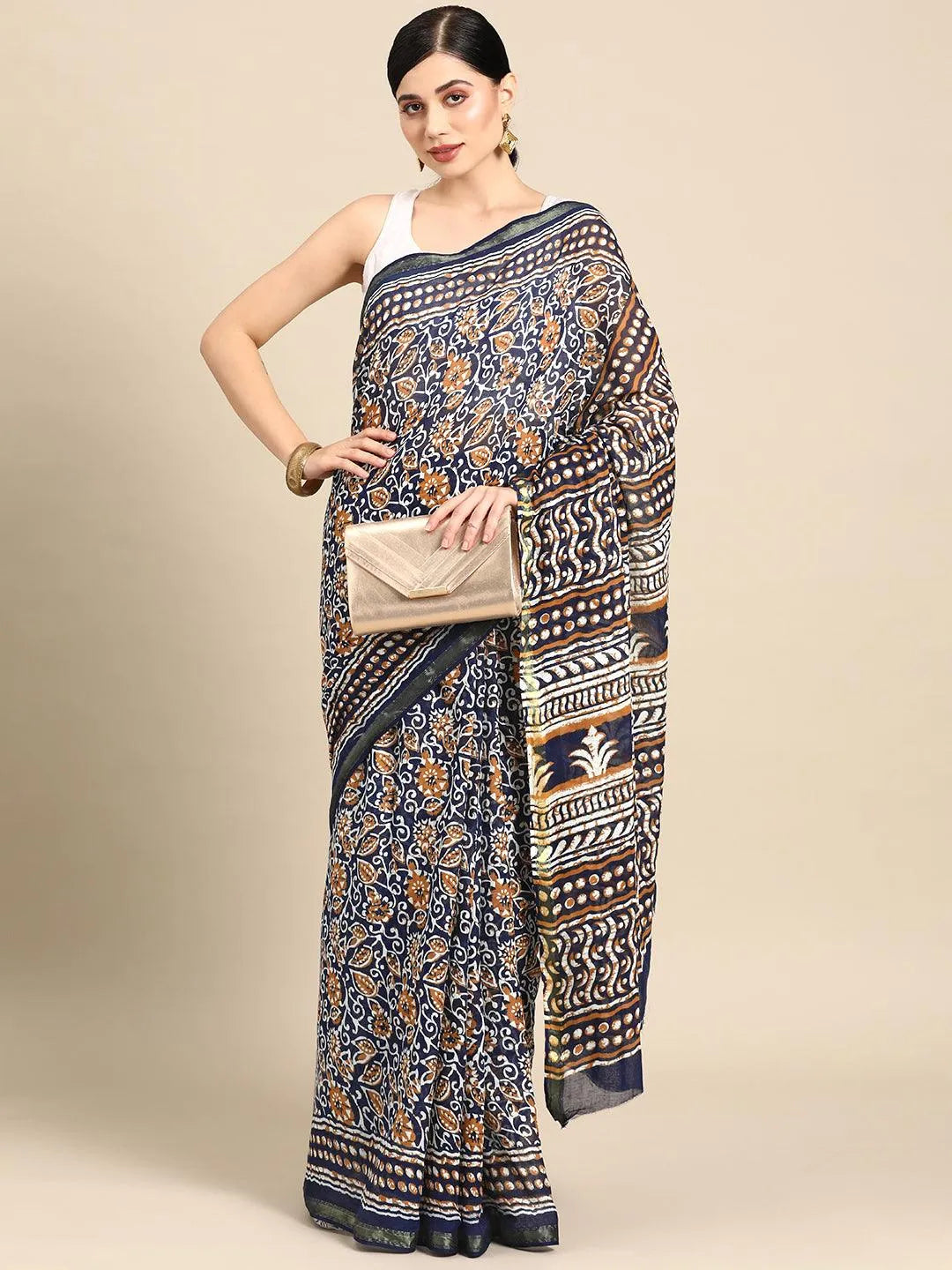 Blue Printed Cotton Saree - Libas 