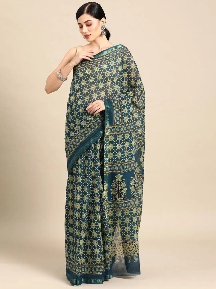 Blue Printed Cotton Saree - Libas