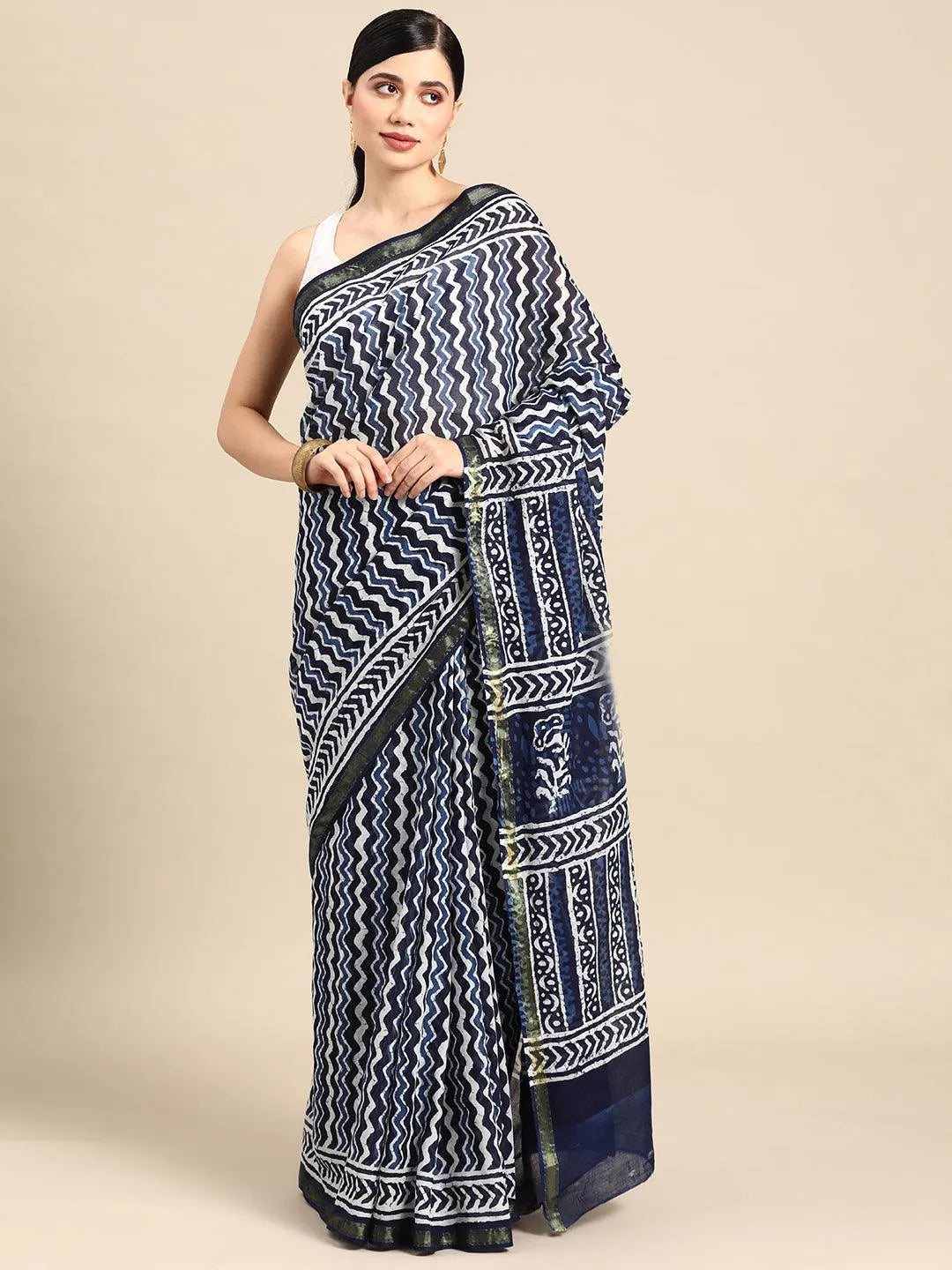 Blue Printed Cotton Saree - Libas