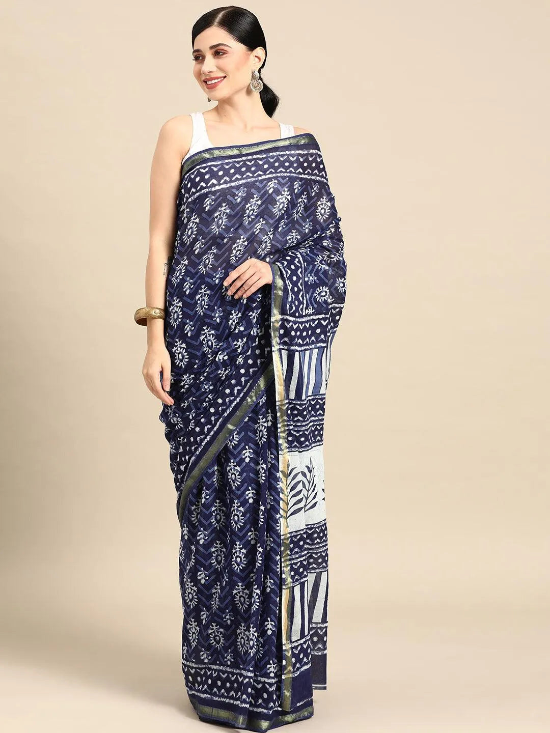 Blue Printed Cotton Saree - Libas 