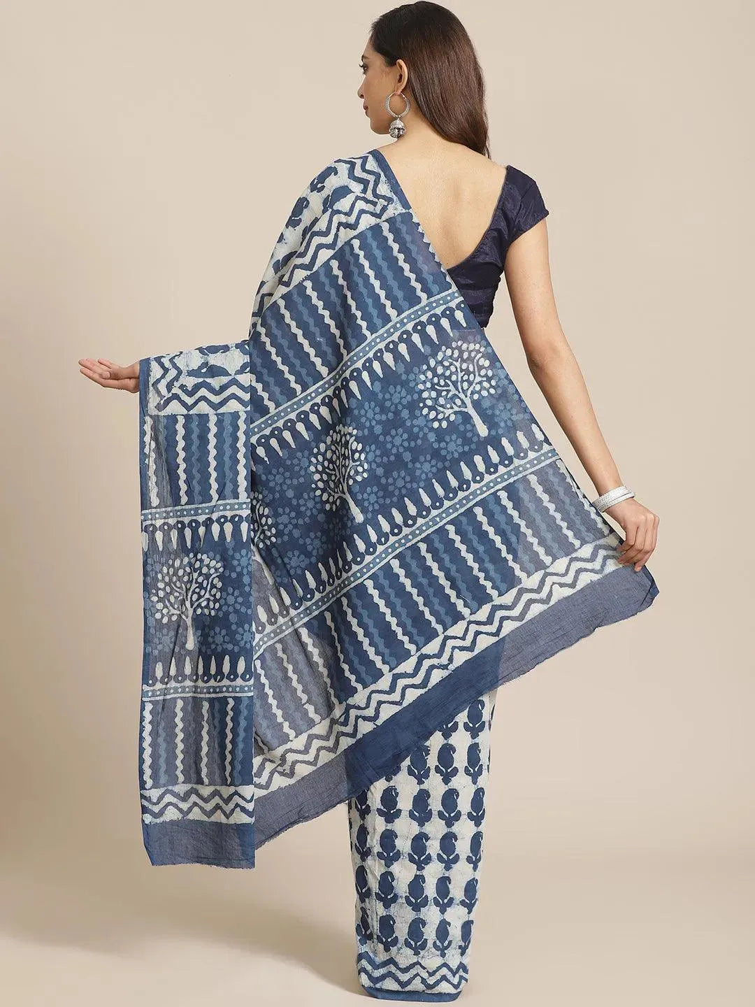 Blue Printed Cotton Saree - Libas