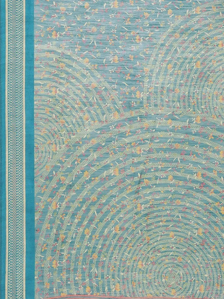 Blue Printed Cotton Saree - Libas