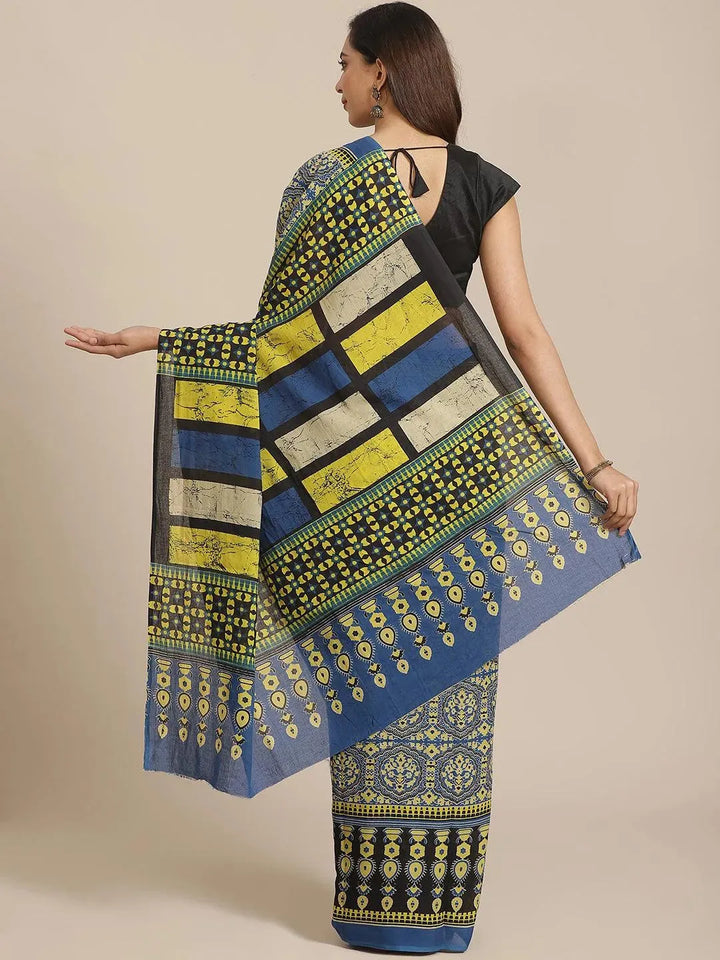 Blue Printed Cotton Saree - Libas