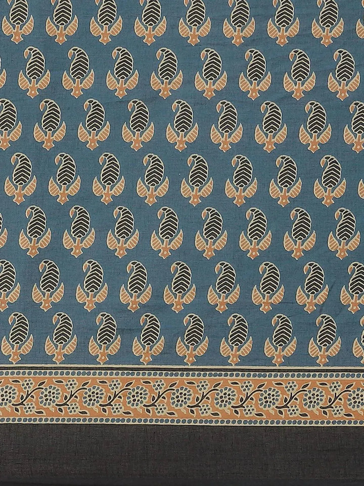 Blue Printed Cotton Saree - Libas