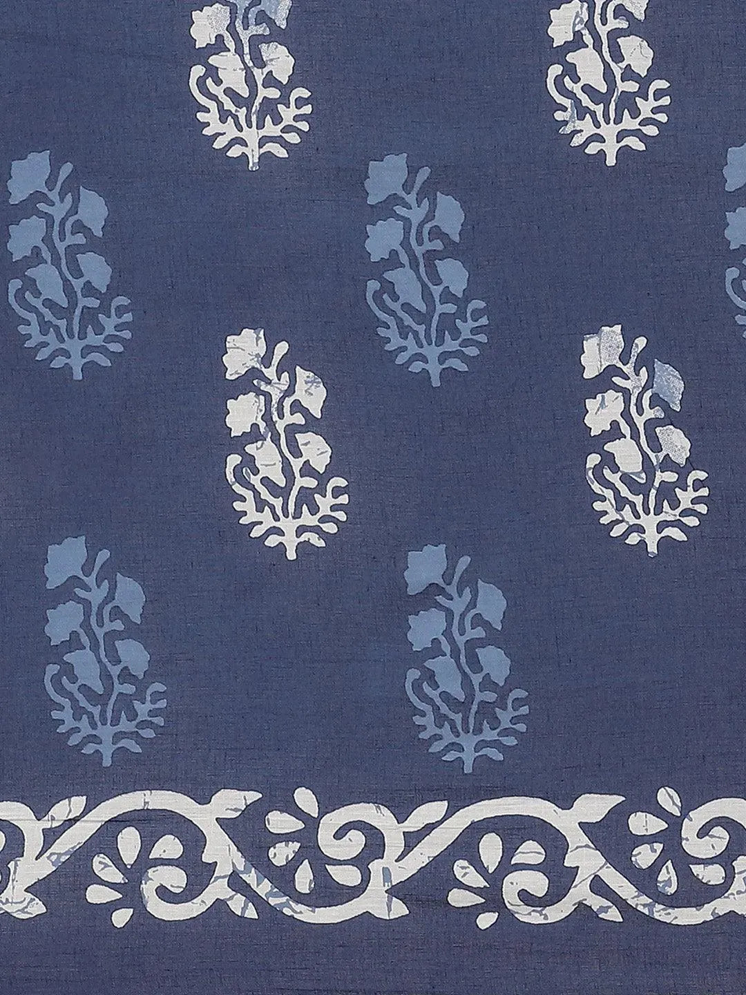 Blue Printed Cotton Saree - Libas 