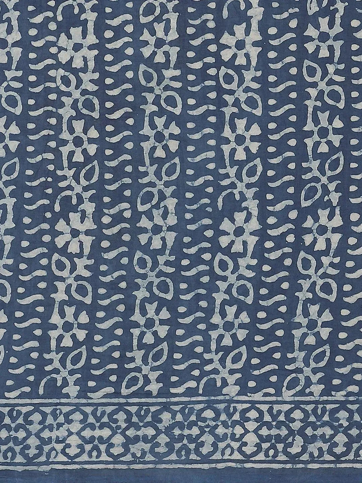 Blue Printed Cotton Saree - Libas