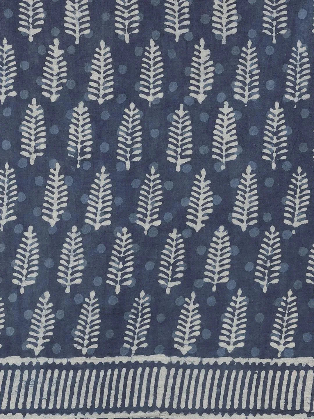 Blue Printed Cotton Saree - Libas 