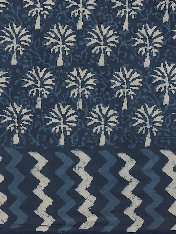 Blue Printed Cotton Saree - Libas