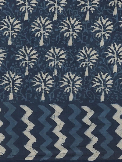 Blue Printed Cotton Saree - Libas