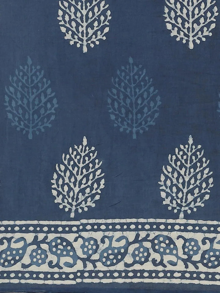 Blue Printed Cotton Saree - Libas