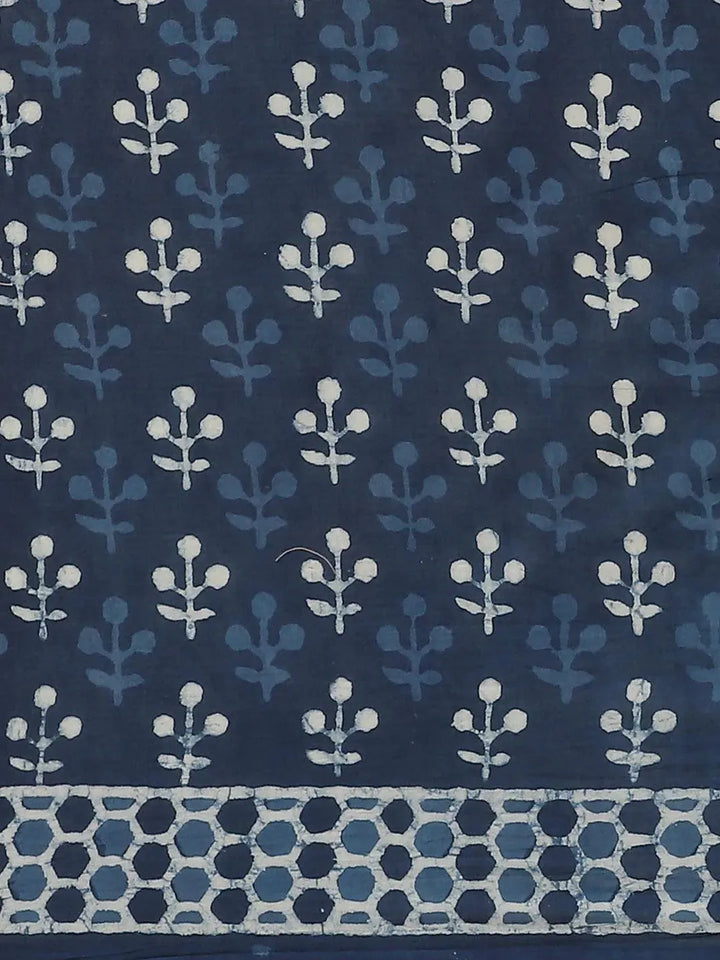 Blue Printed Cotton Saree - Libas