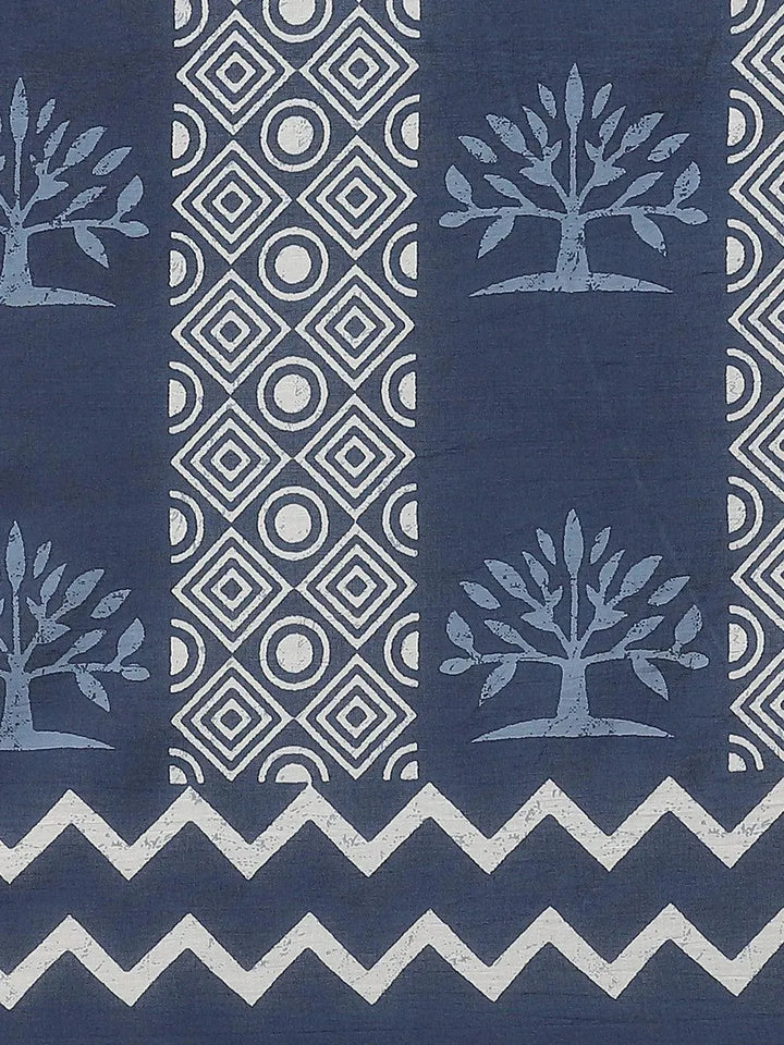 Blue Printed Cotton Saree - Libas