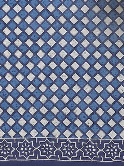 Blue Printed Cotton Saree - Libas
