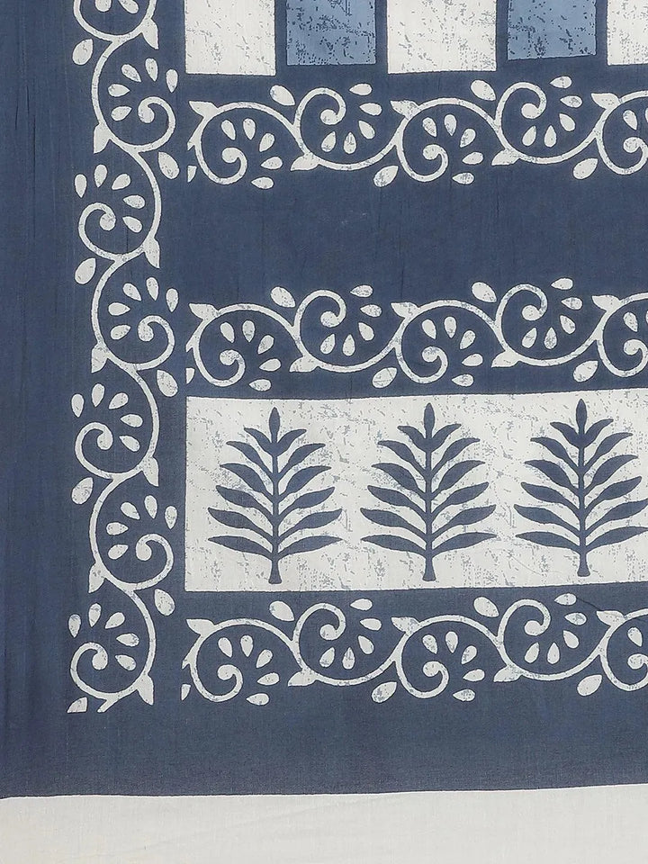 Blue Printed Cotton Saree - Libas