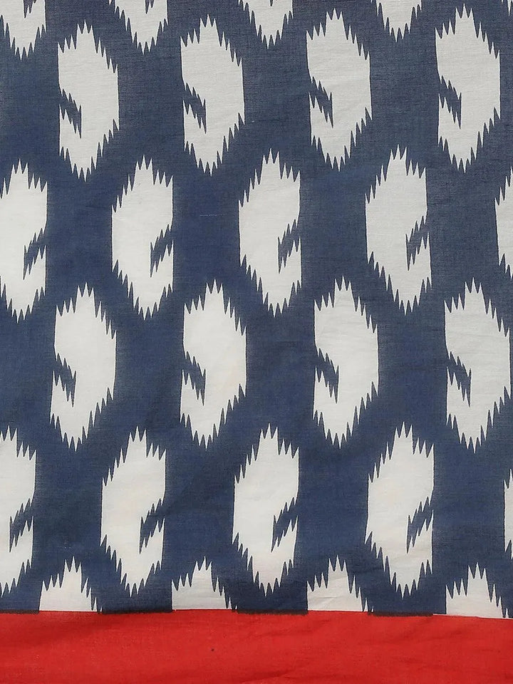 Blue Printed Cotton Saree - Libas