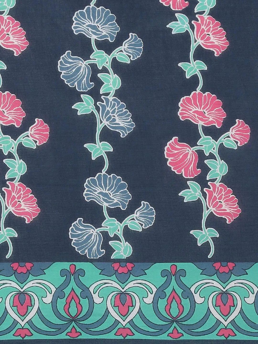 Blue Printed Cotton Saree - Libas 